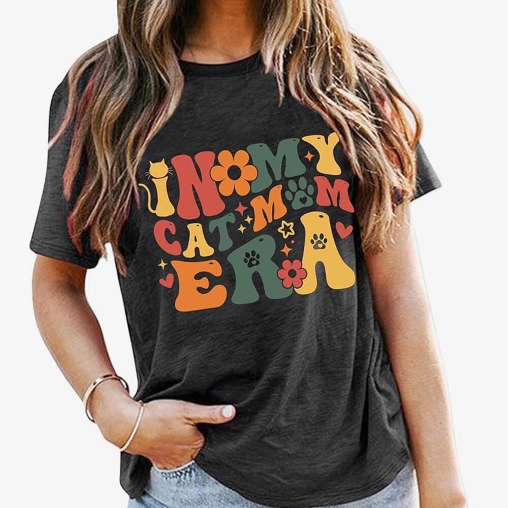 In My Cat Mom Era Graphic Tee Retro Cat Lover Short Sleeve T-Shirt Sz S NWOT